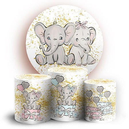 Capas Painel Redondo e Trio Cilindro Sublimado - Elefantinhos (Chá Revelação)