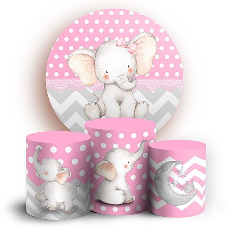 Capas Painel Redondo e Trio Cilindro Sublimado - Elefante Cute Rosa