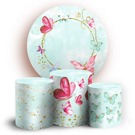 Capas Painel Redondo e Trio Cilindro Sublimado - Borboletas Glitter