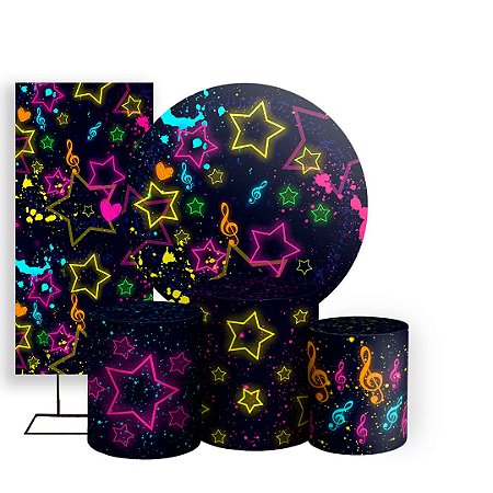 Capas Painel Redondo Trio Cilindro e Faixa Lateral Sublimado - Estrelas Neon Grunge