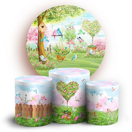 Capas Painel Redondo e Trio Cilindro Sublimado - Jardim Aquarela