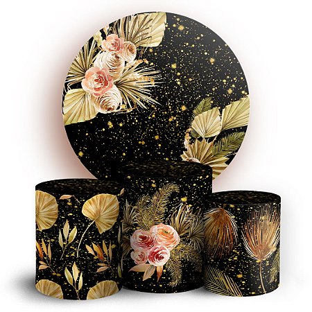 Capas Painel Redondo e Trio Cilindro Sublimado - Floral Dourado