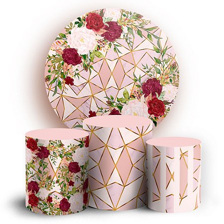 Capas Painel Redondo e Trio Cilindro Sublimado - Floral Abstrato Mármore
