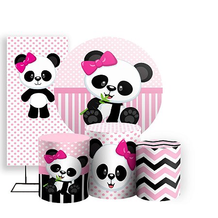 Capas Painel Redondo Trio Cilindro e Faixa Lateral Sublimado - Panda Rosa