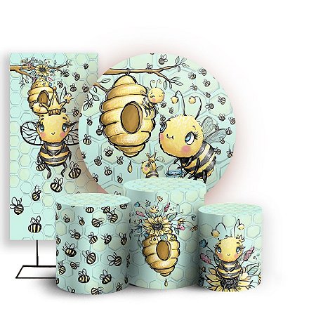 Capas Painel Redondo Trio Cilindro e Faixa Lateral Sublimado - Abelhinha Cute