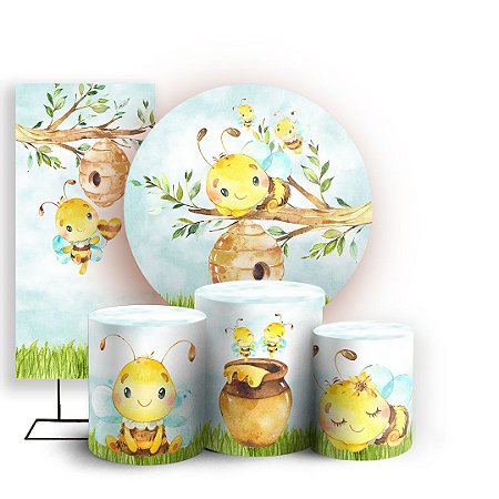 Capas Painel Redondo Trio Cilindro e Faixa Lateral Sublimado - Abelhinha Cute