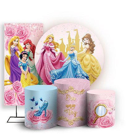 Capas Painel Redondo Trio Cilindro e Faixa Lateral Sublimado - Princesas