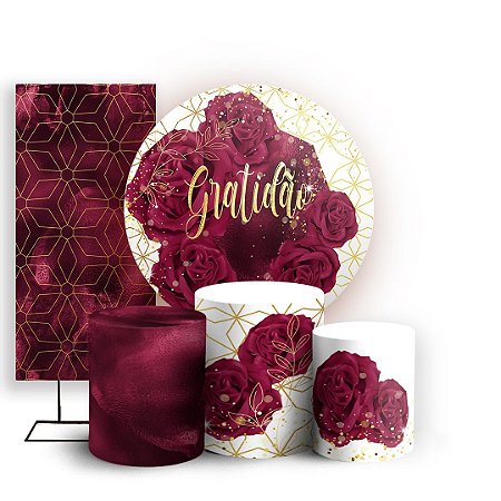 Capas Painel Redondo Trio Cilindro e Faixa Lateral Sublimado - Gratidão Marsala