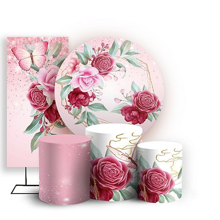 Capas Painel Redondo Trio Cilindro e Faixa Lateral Sublimado - Floral Rosa