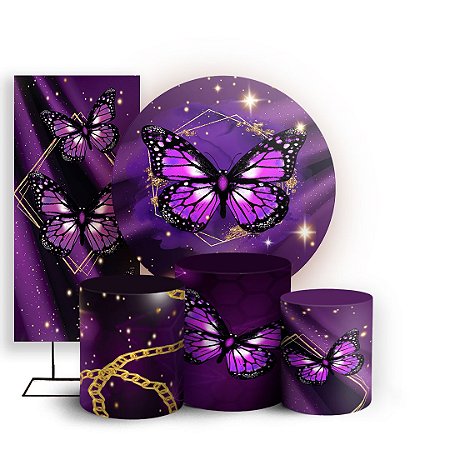 Capas Painel Redondo Trio Cilindro e Faixa Lateral Sublimado - Borboleta Roxa