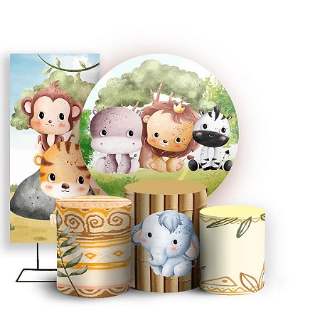 Capas Painel Redondo Trio Cilindro e Faixa Lateral Sublimado - Safari Aquarela