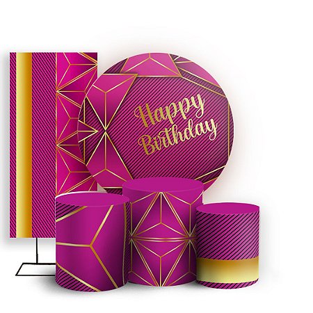 Capas Painel Redondo Trio Cilindro e Faixa Lateral Sublimado - Happy Birthday Rosa