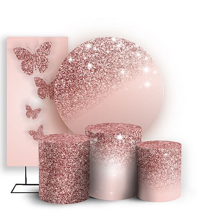 Capas Painel Redondo Trio Cilindro e Faixa Lateral Sublimado - Gliitter Rose Borboleta