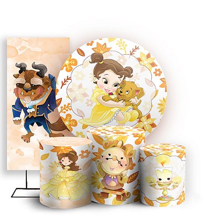 Capas Painel Redondo Trio Cilindro e Faixa Lateral Sublimado - Bela e Fera Cute