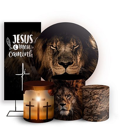 Capas Painel Redondo Trio Cilindro e Faixa Lateral Sublimado - Religioso Leao