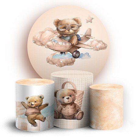 Capas Painel Redondo e Trio Cilindro Sublimado - Ursinho Aviador Marrom