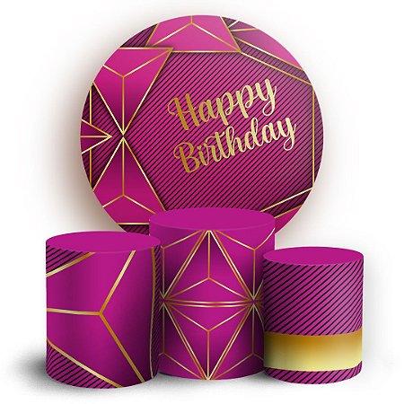 Capas Painel Redondo e Trio Cilindro Sublimado - Happy Birthday Rosa