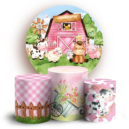 Capas Painel Redondo e Trio Cilindro Sublimado - Fazendinha Rosa