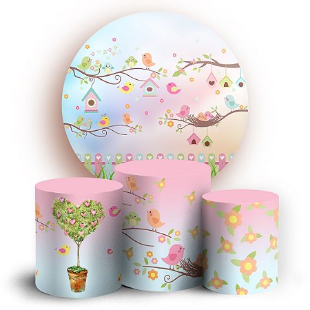 Capas Painel Redondo e Trio Cilindro Sublimado - Passaros Cute