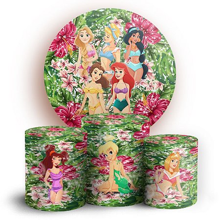 Capas Painel Redondo e Trio Cilindro Sublimado - Princesas da Disney Tropical