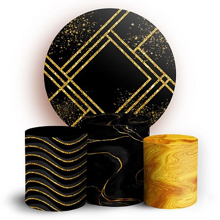 Capas Painel Redondo e Trio Cilindro Sublimado - Marmore Glitter Preto