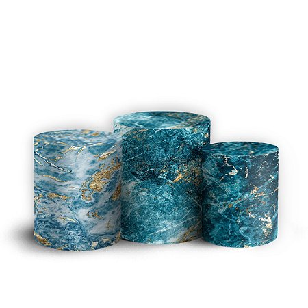 Trio Cilindro - Mármore Glitter Azul - Sublimado 3D + Elástico