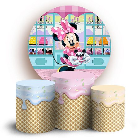 Capas Painel Redondo e Trio Cilindro Sublimado -  Minnie Confeiteira