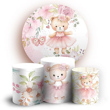 Capas Painel Redondo e Trio Cilindro Sublimado - Ursinha Bailarina Floral