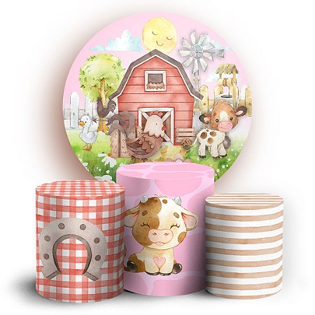 Capas Painel Redondo e Trio Cilindro Sublimado - Fazendinha Aquarela