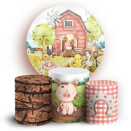 Capas Painel Redondo e Trio Cilindro Sublimado - Fazendinha Aquarela