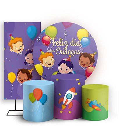 Capas Painel Redondo Trio Cilindro e Faixa Lateral Sublimado - Dia das Crianças