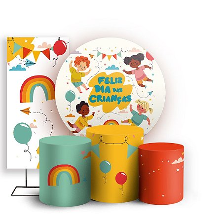Capas Painel Redondo Trio Cilindro e Faixa Lateral Sublimado - Dia das Crianças