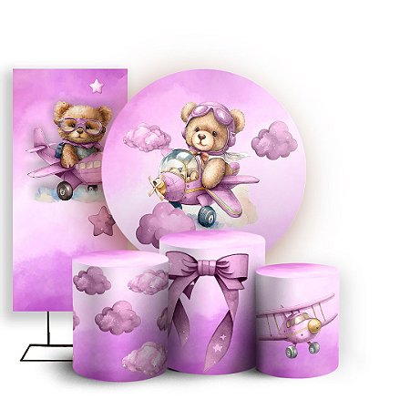 Capas Painel Redondo Trio Cilindro e Faixa Lateral Sublimado - Ursinha Rosa