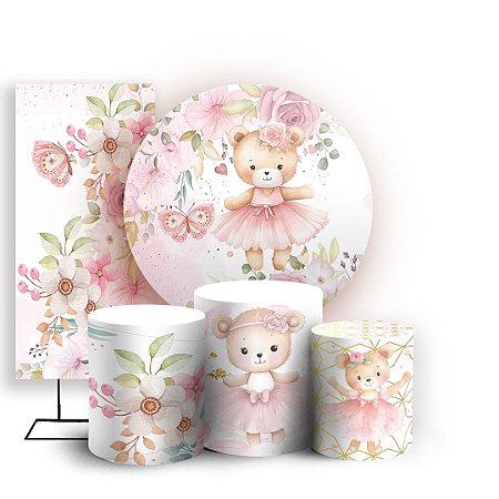Capas Painel Redondo Trio Cilindro e Faixa Lateral Sublimado - Ursinha Bailarina Floral