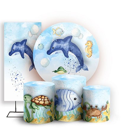 Capas Painel Redondo Trio Cilindro e Faixa Lateral Sublimado - Fundo do Mar
