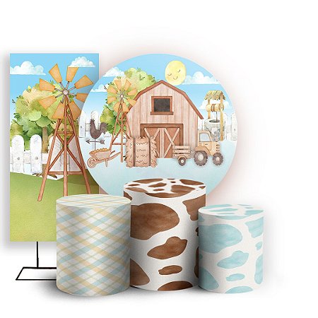 Capas Painel Redondo Trio Cilindro e Faixa Lateral Sublimado - Fazendinha Aquarela