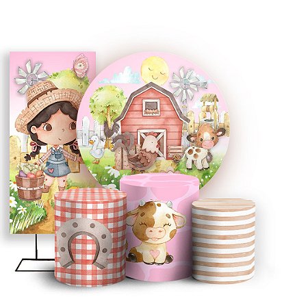 Capas Painel Redondo Trio Cilindro e Faixa Lateral Sublimado - Fazendinha Aquarela