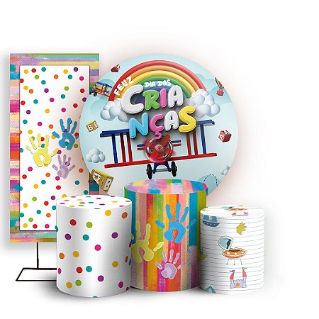 Capas Painel Redondo Trio Cilindro e Faixa Lateral Sublimado - Dia das Crianças