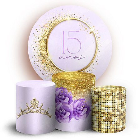 Capas Painel Redondo e Trio Cilindro Sublimado -  15 Anos Lilas Dourado