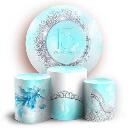 Capas Painel Redondo e Trio Cilindro Sublimado -  15 Anos Azul Tiffany