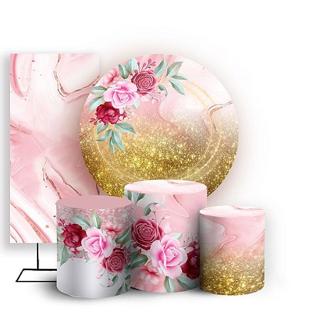 Capas Painel Redondo Trio Cilindro e Faixa Lateral Sublimado - Floral Rosa