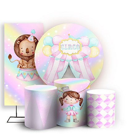 Capas Painel Redondo Trio Cilindro e Faixa Lateral Sublimado - Circo Rosa