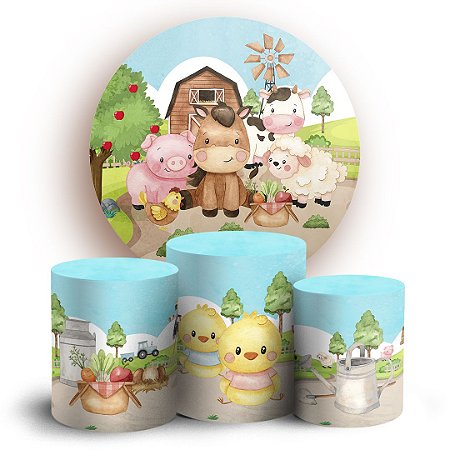 Capas Painel Redondo e Trio Cilindro Sublimado - Fazendinha Aquarela