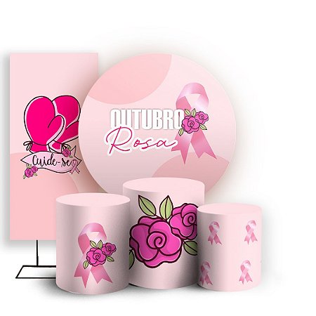 Capas Painel Redondo Trio Cilindro e Faixa Lateral Sublimado - Outubro Rosa