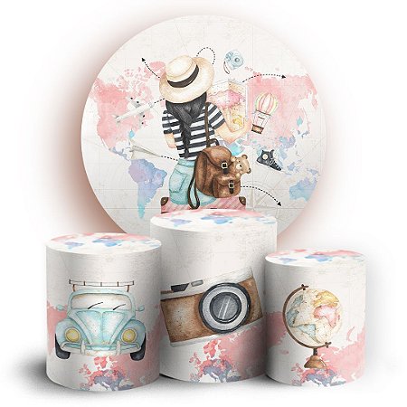 Capas Painel Redondo e Trio Cilindro Sublimado -  Viagem Menina Mapa