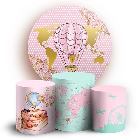 Capas Painel Redondo e Trio Cilindro Sublimado -  Viagem Balao Mapa