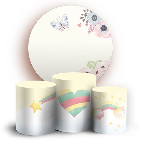 Capas Painel Redondo e Trio Cilindro Sublimado - Floral Borboleta Arco Iris
