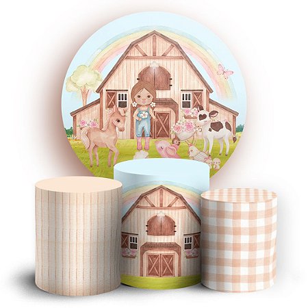 Capas Painel Redondo e Trio Cilindro Sublimado - Fazendinha Menina