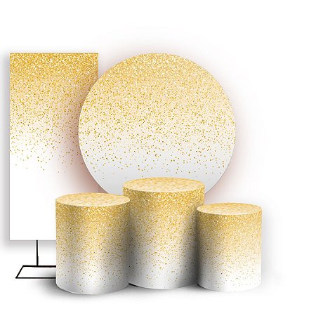 Capas Painel Redondo Trio Cilindro e Faixa Lateral Sublimado - Glitter Dourado Branco