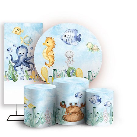 Capas Painel Redondo Trio Cilindro e Faixa Lateral Sublimado - Fundo do Mar